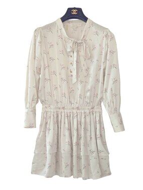 LoveShackFancy Popover Mini Dress Size S 100% Silk Floral Tie Neck Cottage Core